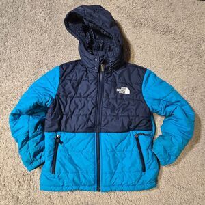 North Face Youth Reversible Mount Chimbo Full Zip Hooded Jacket Blue Winter Coat
